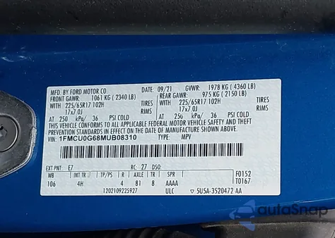 2021 Ford Escape Se z USA, uszkodzony, nr VIN 1FMCU0G68MUB08310